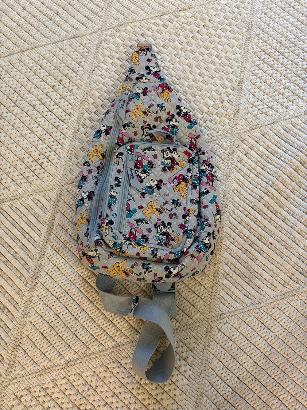 Disney/Vera Bradley Grey Quilted Minnie Mouse Sling Backpack with Colorful Print
